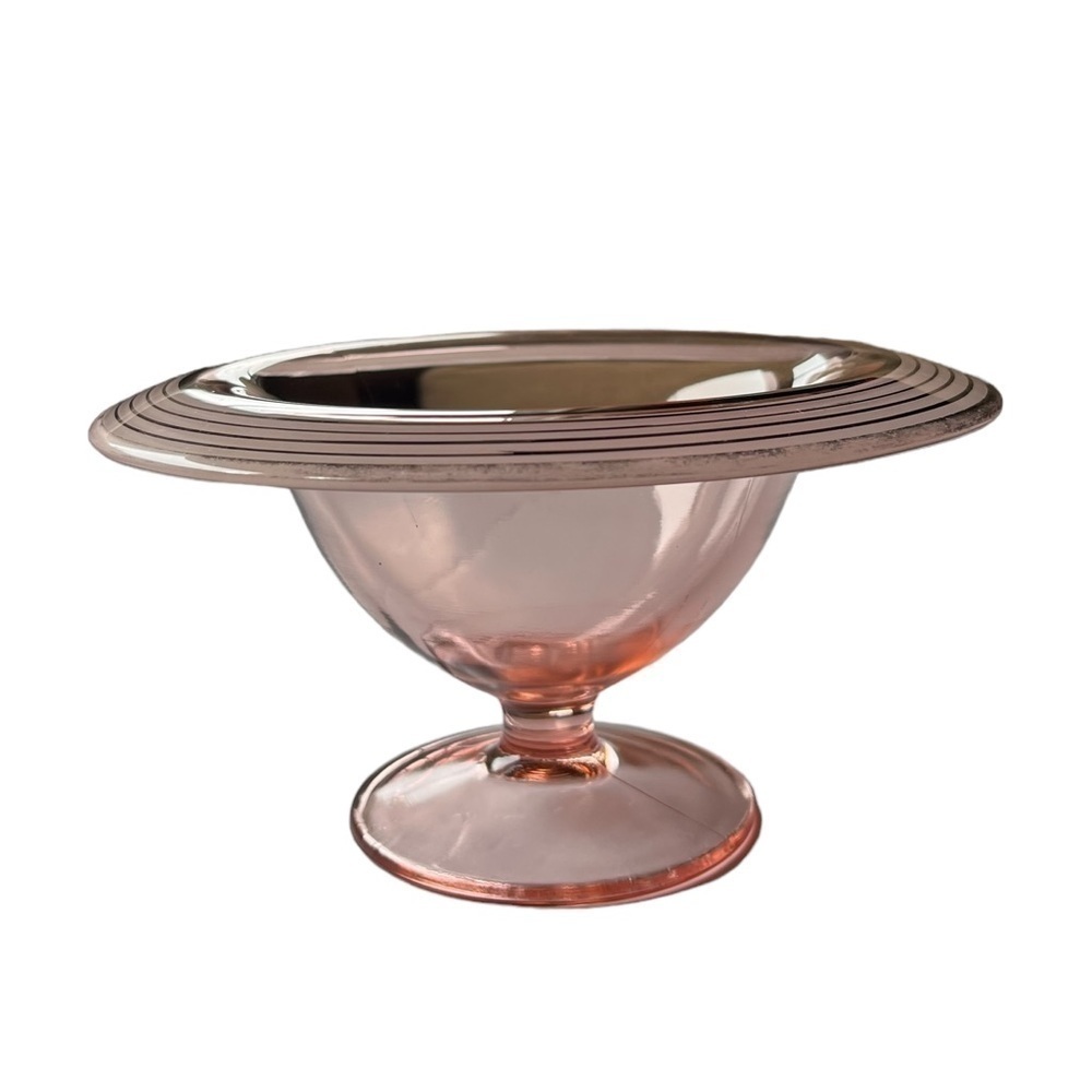 Vintage Pink Depression Glass Pedestal Bowl | Art Deco Serving Dish w/ Ladle
